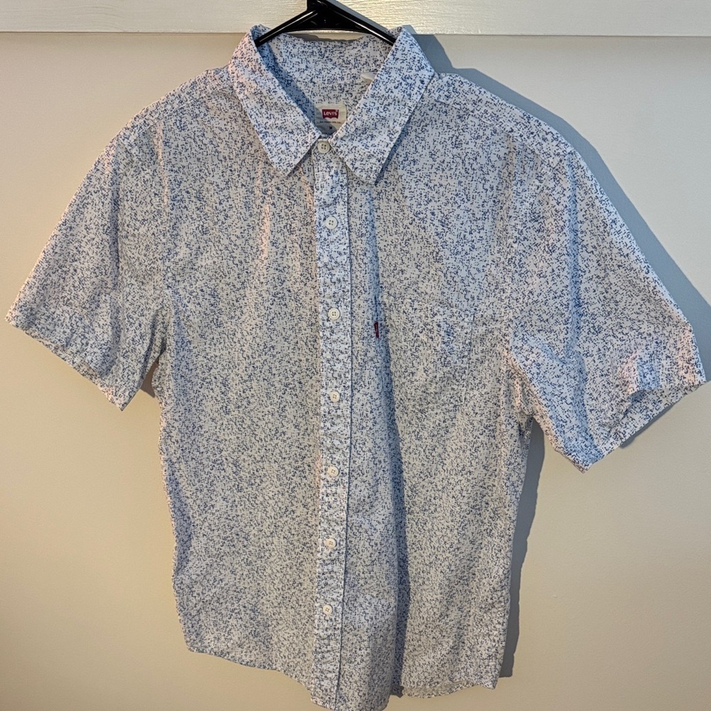Levi's Men's Short Sleeve Button Down Shirt White Blue Speckled Patterned Size M